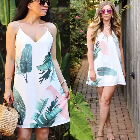 KAILY🌴 tropical leaf print dress white pink green - Picture 3 of 6
